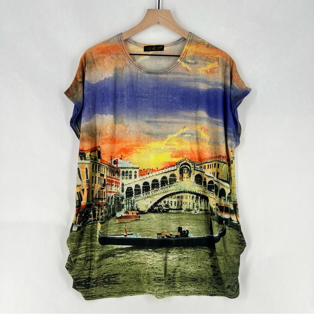 Gizel Mesh Colorful Scenery Graphic Print Rhinestone Embellished Cap‎ Sleeve Top